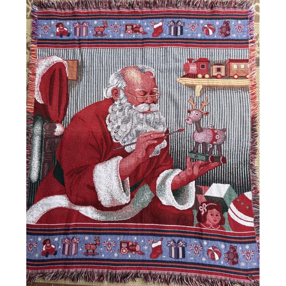 Santa Clause Throw Blanket Afghan Wall Tapestry 46x58 Preowned Father Christmas